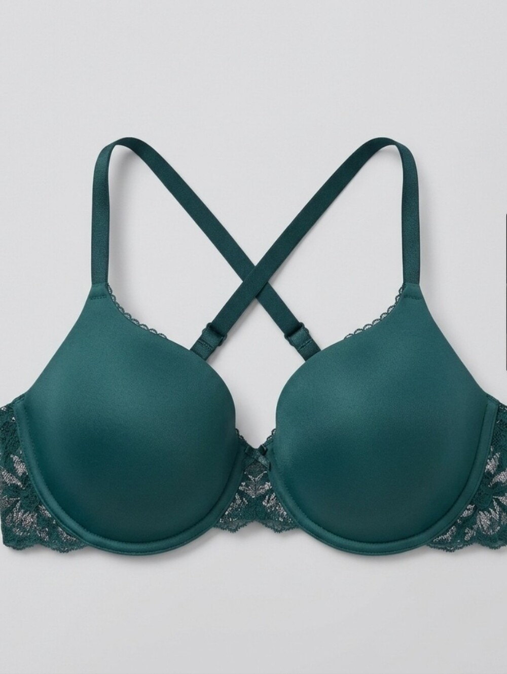 VS Perfect Coverage mooth Teal Green T-Shirt Bra with Lace Accents Sz 34DD